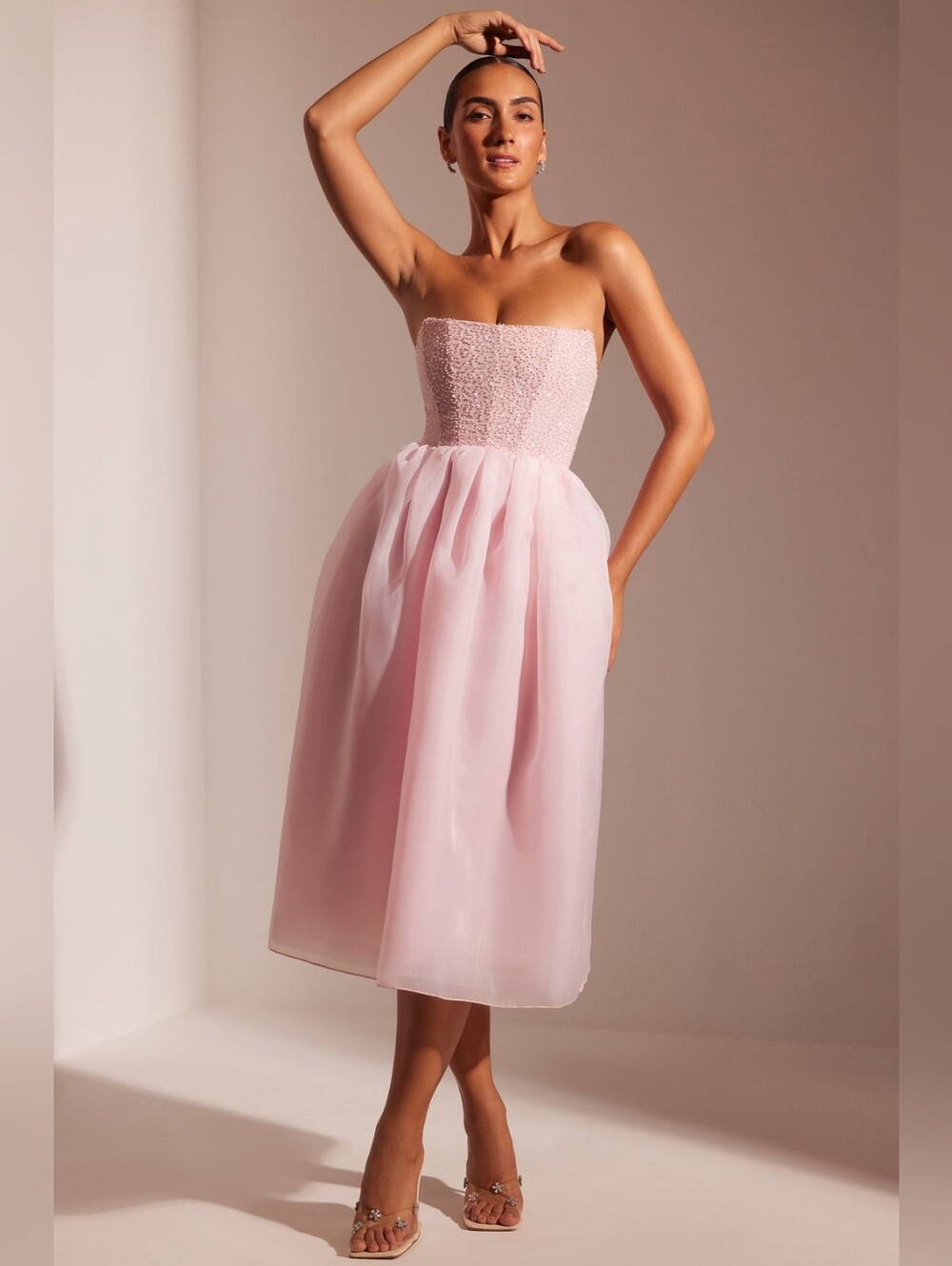 Strapless Pink Midi Dress with Textured Bodice